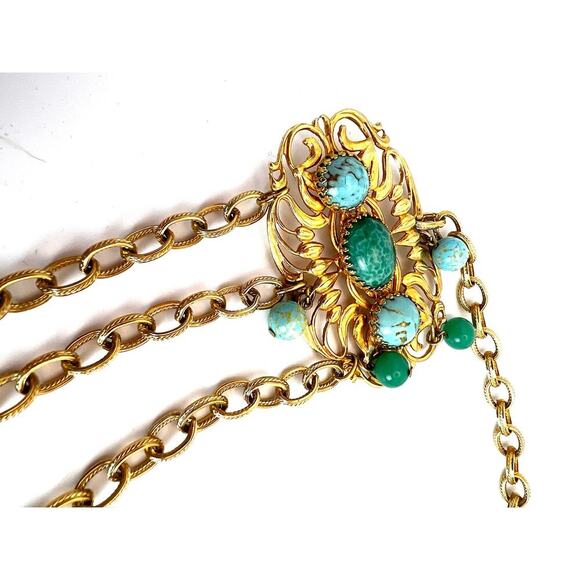 Vintage Napier cabochon gold tone and stone chain belt - Picture 3 of 12